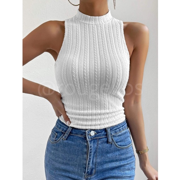 White Textured High Neck Sleeveless Tank Top Slim Fit Stretchy - Picture 2 of 9